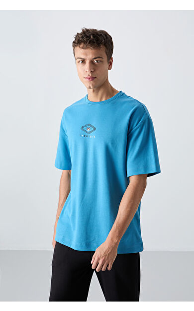 Petrol Mavi Pamuklu Kalın Yumuşak Dokulu Oversize Fit Baskılı Erkek T-Shirt - 88325