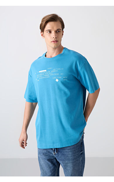 Petrol Mavi Pamuklu Kalın Yumuşak Dokulu Oversize Fit Baskılı Erkek T-Shirt - 88326