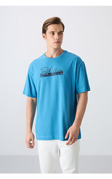 Petrol Mavi Pamuklu Kalın Yumuşak Dokulu Oversize Fit Baskılı Erkek T-Shirt - 88334