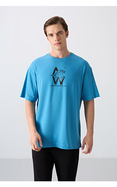 Petrol Mavi Pamuklu Kalın Yumuşak Dokulu Oversize Fit Baskılı Erkek T-Shirt - 88332