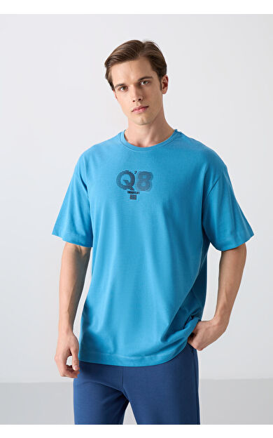 Petrol Mavi Pamuklu Kalın Yumuşak Dokulu Oversize Fit Baskılı Erkek T-Shirt - 88333