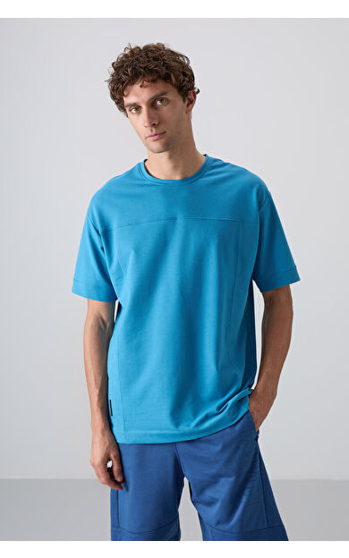 Petrol Mavi Pamuklu Kalın Yumuşak Dokulu Oversize Fit Basic Erkek T-Shirt - 88349