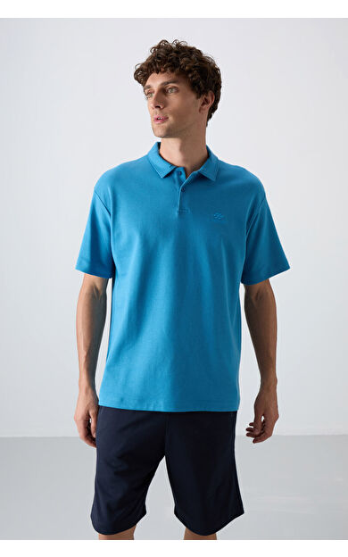 Petrol Mavi Pamuklu Kalın Yumuşak Dokulu Oversize Fit Basic Polo Yaka Erkek T-Shirt - 88327