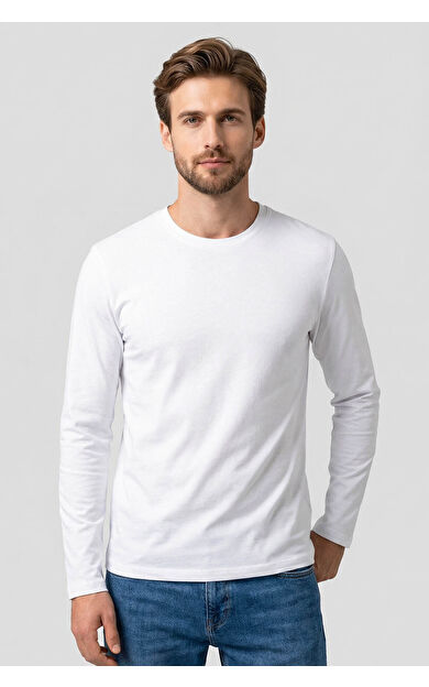 Beyaz Standart Fit Basic O Yaka Uzun Kollu İnce Erkek T-Shirt- 87997