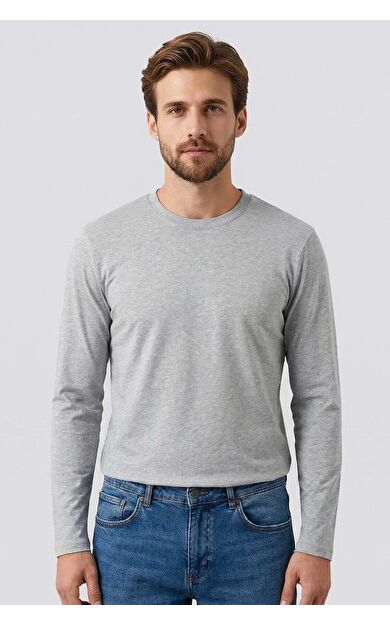 Gri Melanj Standart Fit Basic O Yaka Uzun Kollu İnce Erkek T-Shirt - 87997