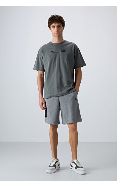 Gri Melanj Pamuklu Kalın Yumuşak Dokulu Comfort Fit Baskılı Erkek Şort - 81266