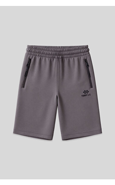 Koyu Gri Gizli Fermuar Arka Cepli Bağcıklı Standart Kalıp Erkek Şort - 81136