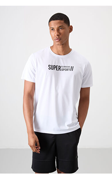 Beyaz Nefes Alan Dokulu İnce Esnek Standart Fit Erkek Performans T-Shirt - 88385