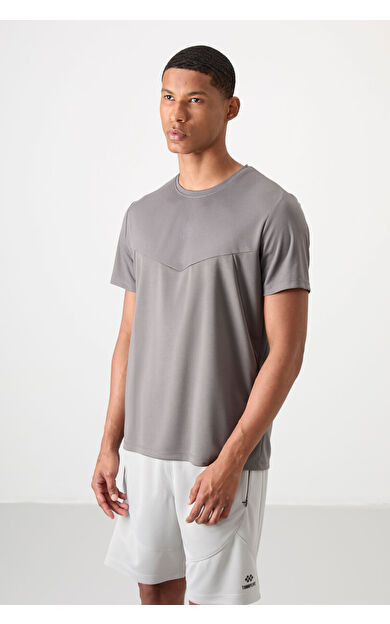 Koyu Gri Nefes Alan Dokulu İnce Esnek Standart Fit Erkek Performans T-Shirt - 88391