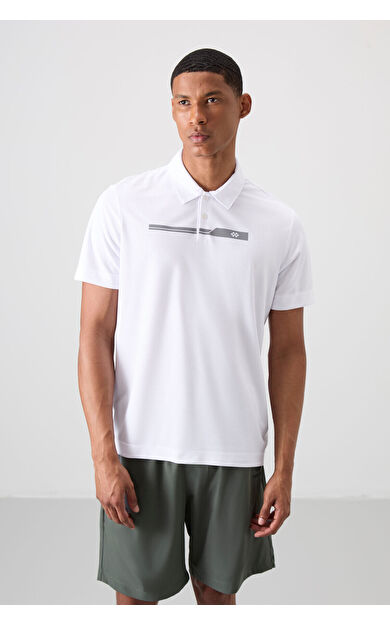 Beyaz Nefes Alan Dokulu İnce Esnek Standart Fit Polo Yaka Erkek Performans T-Shirt - 88393