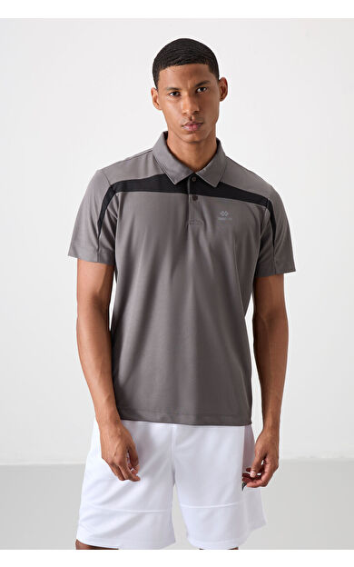 Koyu Gri Nefes Alan Dokulu İnce Esnek Standart Fit Polo Yaka Erkek Performans T-Shirt - 88392