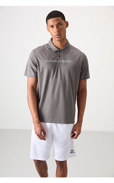 Koyu Gri Nefes Alan Dokulu İnce Esnek Standart Fit Polo Yaka Erkek Performans T-Shirt - 88393