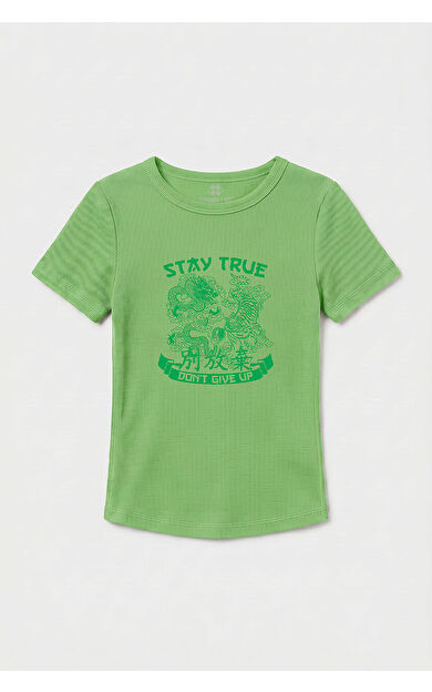 YENİ Fıstık Yeşili Standart Fit Baskılı Kısa Kollu Kadın T-Shirt - 97201