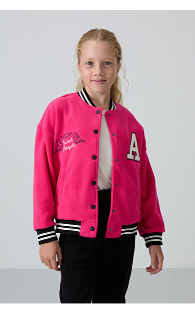 Fuşya Kalın Yumuşak Dokulu Standart Fit Nakışlı Polar Kız Çocuk Kolej Ceket - 75156