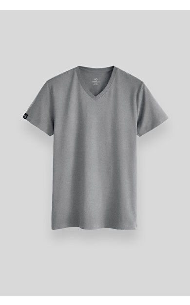 Gri Melanj Basic Kısa Kol Standart Kalıp V Yaka Erkek T-Shirt - 87912