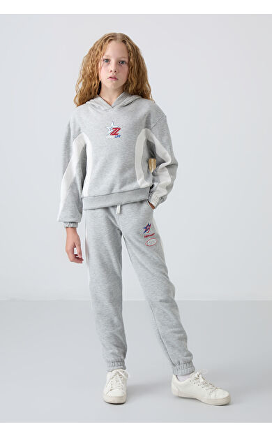Gri Melanj Pamuklu İçi Tüylü Yumuşak Dokulu Standart Fit Baskılı Kız Çocuk Eşofman Takım - 75166