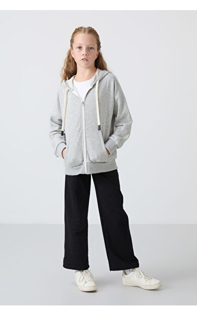 Gri Melanj Pamuklu İçi Tüylü Yumuşak Dokulu Standart Fit Nakışlı Kız Çocuk Sweatshirt - 75149