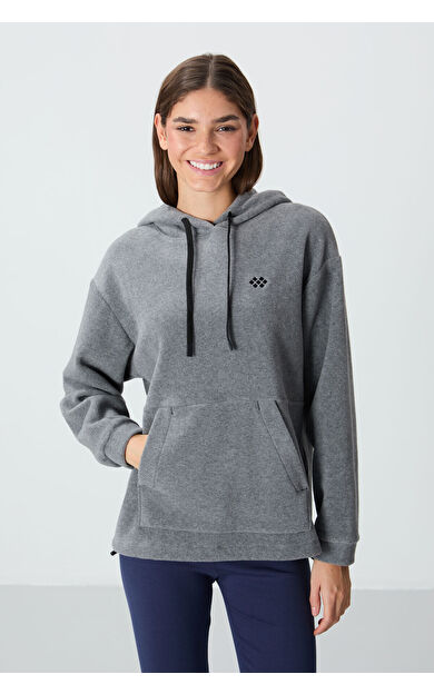 Gri Melanj Kalın Yumuşak Dokulu Kapüşonlu Oversize Nakışlı Polar Kadın Sweatshirt - 97292
