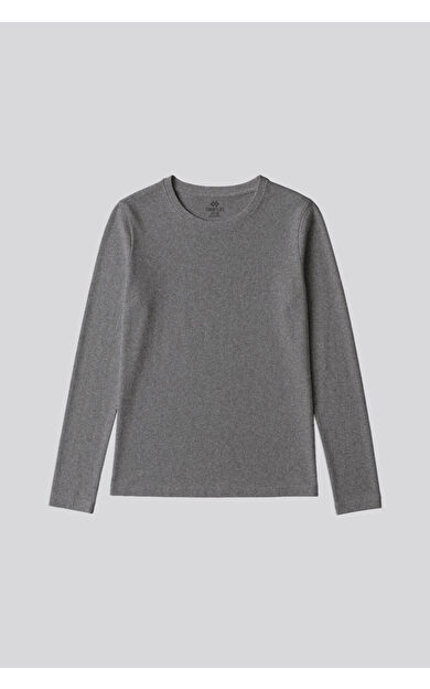 Gri Melanj O Yaka Standart Fit Uzun Kollu Basic Kadın T-Shirt - 97312