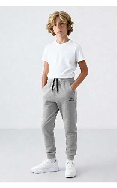 Gri Melanj Standart Fit Manşetli İnce Erkek Çocuk Eşofman Alt - 11062