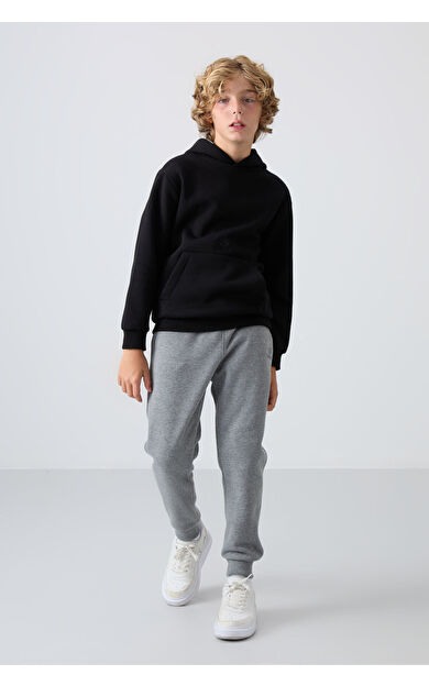 Gri Melanj Pamuklu Kalın İçi Tüylü Standart Fit Nakışlı Erkek Çocuk Eşofman Alt - 11224