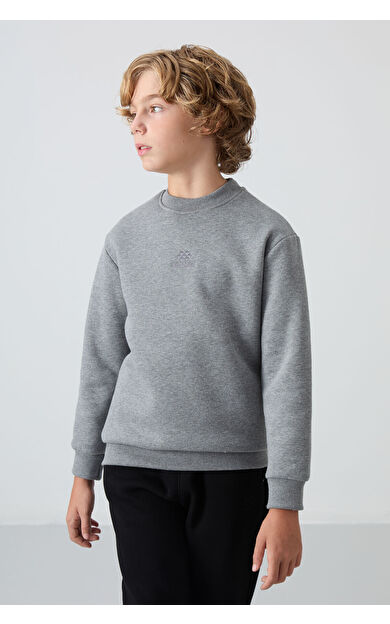 Gri Melanj Pamuklu Kalın İçi Tüylü Standart Fit Nakışlı Erkek Çocuk Sweatshirt - 11232