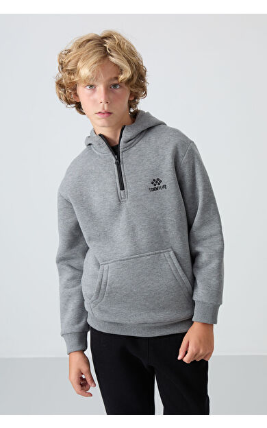 Gri Melanj Pamuklu Kalın İçi Tüylü Standart Fit Nakışlı Erkek Çocuk Sweatshirt - 11244