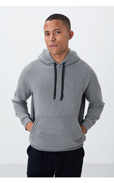 Gri Melanj Pamuklu Kalın İçi Tüylü Yumuşak Dokulu Comfort Fit Nakışlı Erkek Sweatshirt - 88419