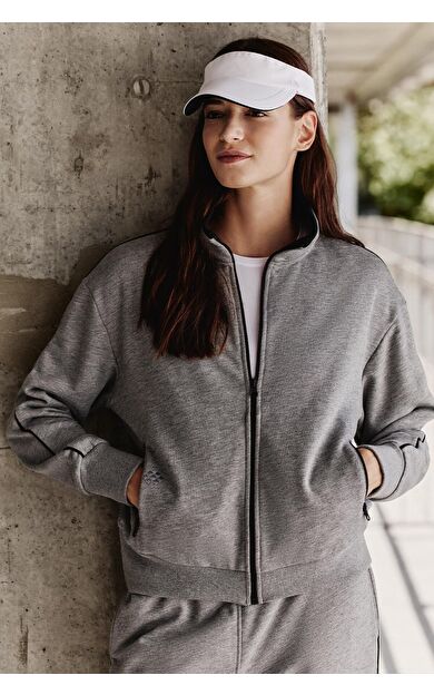 Gri Melanj Kompakt Pamuklu Kalın Pürüzsüz Dokulu Dik Yaka Oversize Fit Kadın Eşofman Takım - 95340