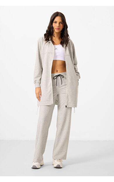 Gri Melanj Dik Yaka Fermuarlı Pamuklu Kadın Eşofman Tunik Takım - 95346