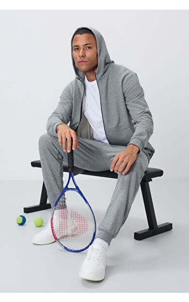 Gri Melanj Kompakt Pamuklu Kalın Pürüzsüz Dokulu Kapüşonlu Comfort Fit Erkek Eşofman Takım - 85262