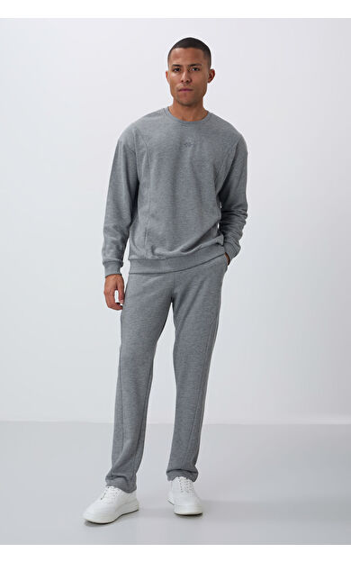 Gri Melanj Kompakt Pamuklu Kalın Pürüzsüz Dokulu O Yaka Comfort Fit Erkek Eşofman Takım -85263