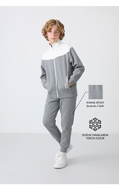 Gri Melanj Pamuklu Kalın İçi Tüylü Standart Fit Nakışlı Erkek Çocuk Eşofman Takım - 11240