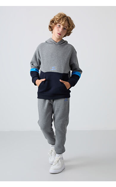 Gri Melanj Pamuklu Kalın İçi Tüylü Standart Fit Nakışlı Erkek Çocuk Eşofman Takım - 11255