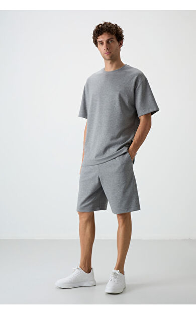 Gri Melanj Oversize Fit Basic Erkek Şort Takım - 85292