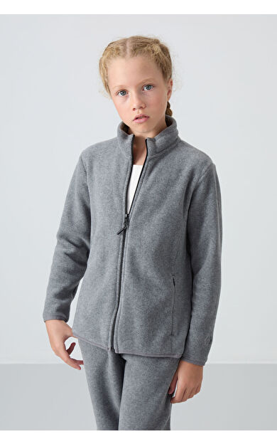 Gri Melanj Kalın Yumuşak Dokulu Standart Fit Nakışlı Polar Kız Çocuk Sweatshirt - 75154
