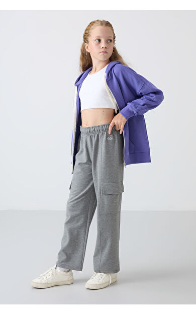 Gri Melanj Kargo Cepli Ön Dikiş Detaylı Geniş Paça Kız Çocuk Eşofman Altı - 75143
