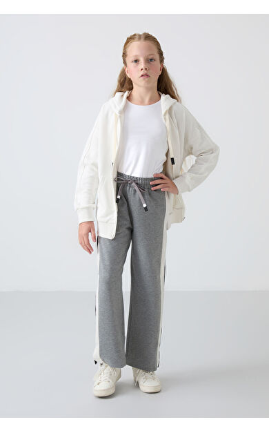Gri Melanj Yırtmaç Detaylı Cepli Geniş Paça Kız Çocuk Eşofman Alt - 75141