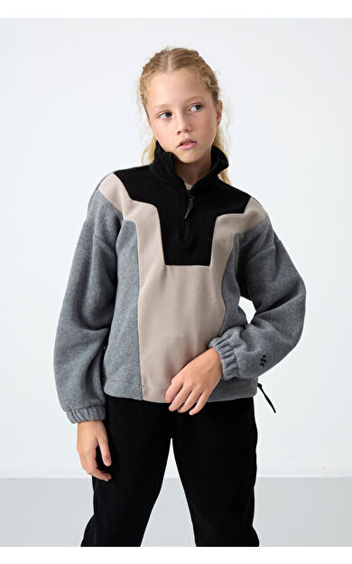 Gri Melanj Kalın Yumuşak Dokulu Oversize Nakışlı Polar Kız Çocuk Sweatshirt - 75153