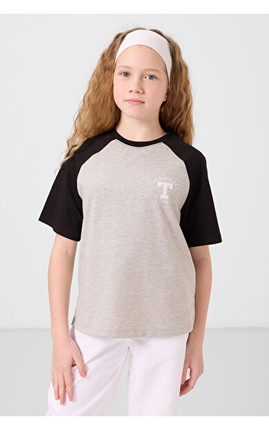 Gri Melanj O Yaka  Pamuklu Baskılı Oversize Fit Kız Çocuk T-Shirt - 75179