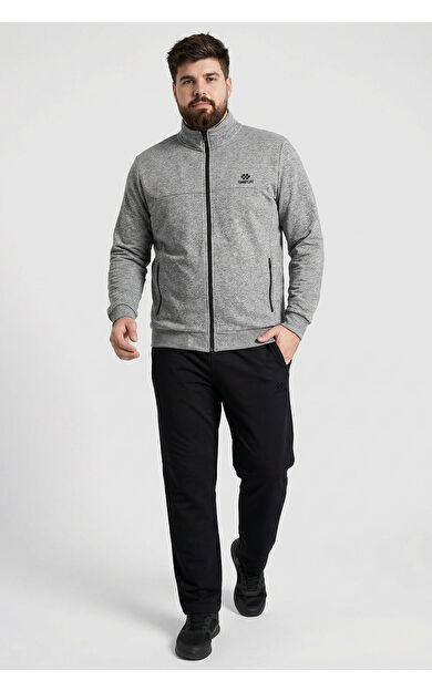 Gri Melanj - Siyah Dik Yaka Battal Büyük Beden Erkek Eşofman Takım - 85176