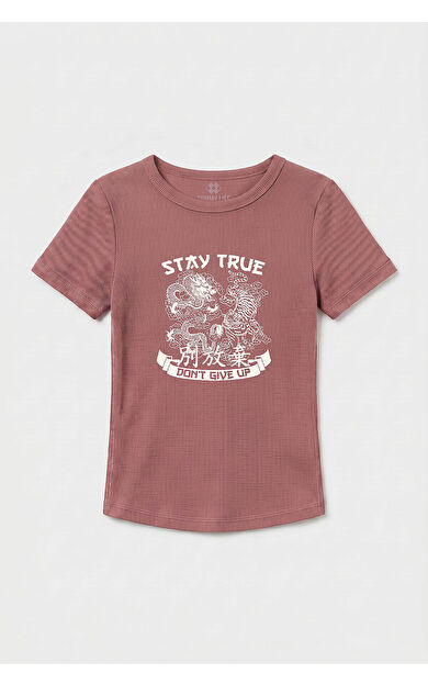 YENİ Gül Kurusu Standart Fit Baskılı Kısa Kollu Kadın T-Shirt - 97201