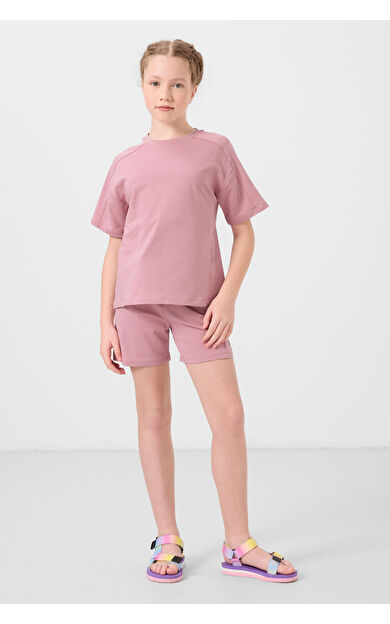 Gül Kurusu Pamuklu Yumuşak Dokulu Standart Fit Basic Kız Çocuk Şort Takım - 75184