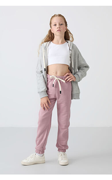 Gül Kurusu Pamuklu İçi Tüylü Yumuşak Dokulu Standart Fit Nakışlı Kız Çocuk Eşofman Alt - 75158