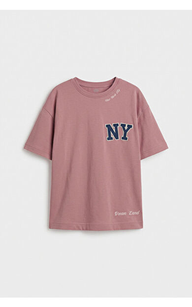 YENİ Gül Kurusu Oversize Kısa Kollu Baskılı Kız Çocuk T-Shirt - 75174