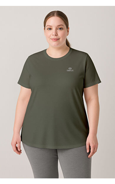 Haki Baskılı O Yaka Rahat Form Battal Büyük Beden Kadın T-Shirt - 97308