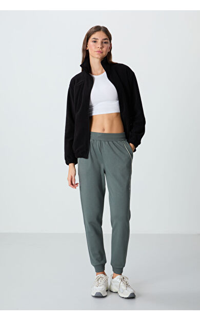 Haki Kompakt Pamuklu Kalın Pürüzsüz Dokulu Standart Fit Kadın Eşofman Altı - 94660