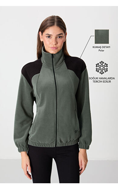 Haki Kalın Yumuşak Dokulu Dik Yaka Oversize Nakışlı Polar Kadın Sweatshirt - 97293