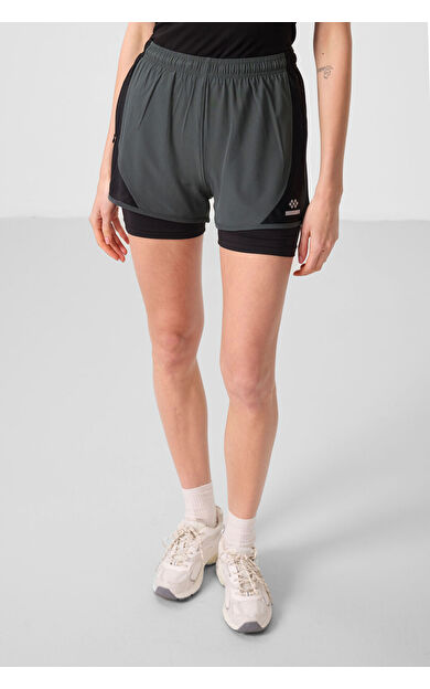 Haki Gizli Cep Fermuarlı Standart Kalıp Kadın İçi Taytlı Şort - 91015