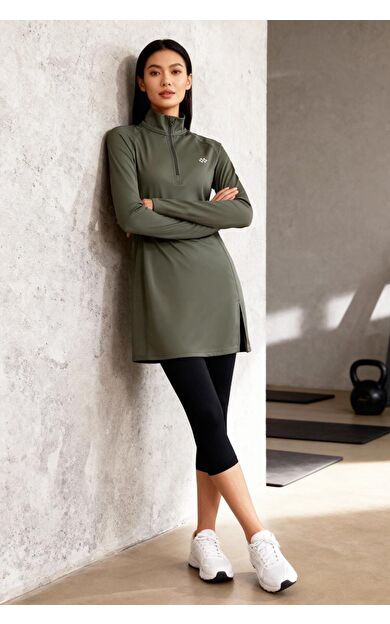 Haki Yarım Fermuarlı Dik Yaka Standart Kalıp Kadın Sporcu Tunik - 97309